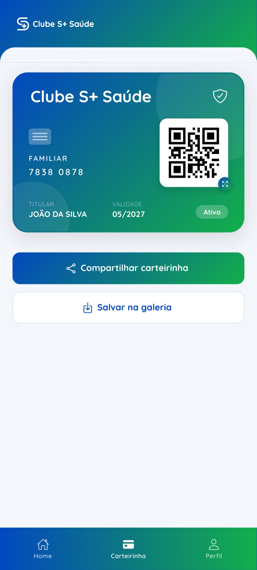 Carteirinha digital do Clube S+ Saúde no aplicativo, com QR code, nome do titular e validade